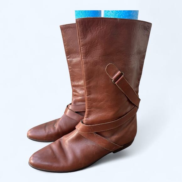 Vintage 80s Vaneli Slouchy Belted Slouchy Boots Brown Leather Women's 7.5 Boho - Picture 2 of 13